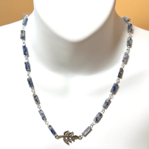 Genuine Blue White Sodalite Matinee Necklace, Gemstone & Leaf Branch Pendant - Picture 2 of 14